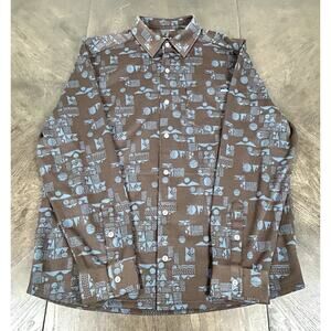 KAVU Men Narwhal Shirt L All Over Print Long Sleeve Button Up Mountain Scene